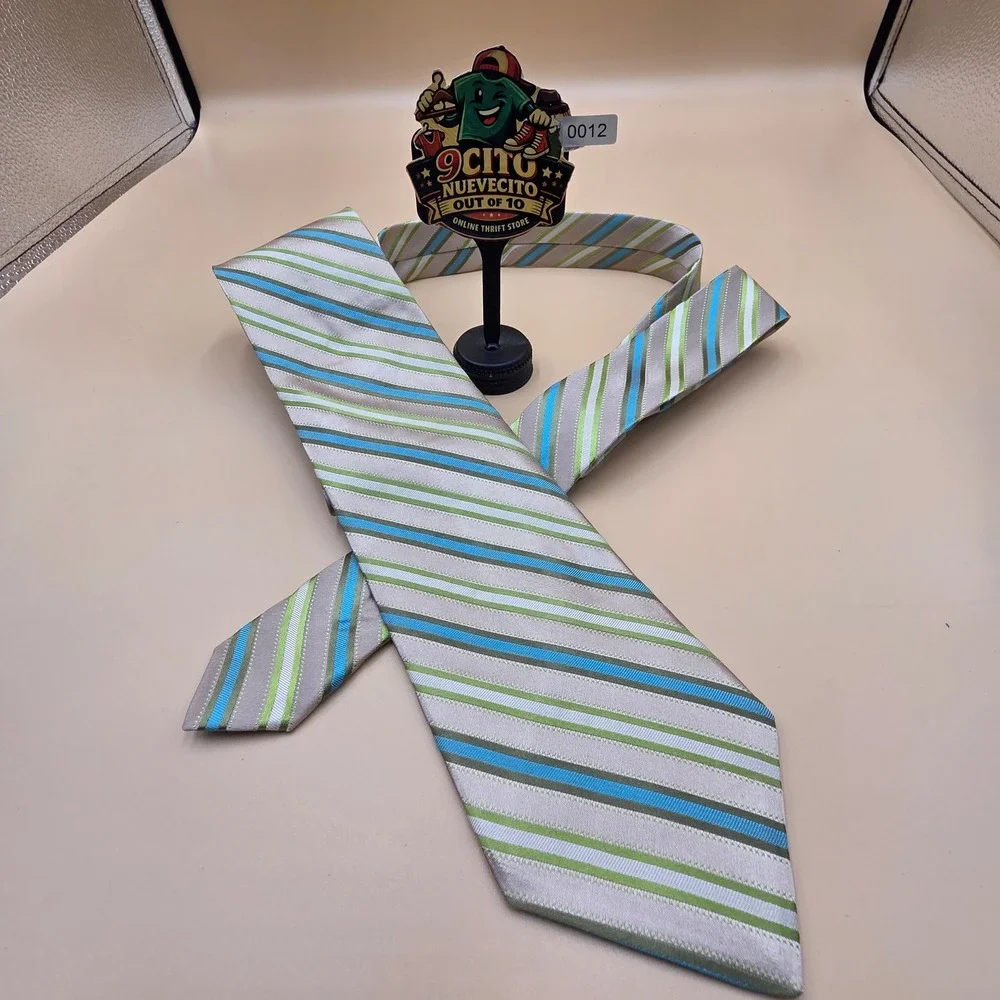 Kuhlman Mens Silk Tie Handmade in Italy Tan Blue Green White Striped Necktie
